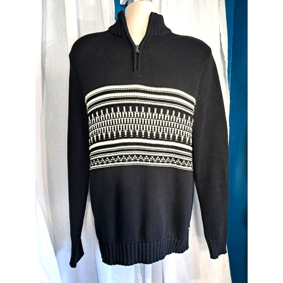 CHAPS Cable Knit Mens Medium1/4 Zip Black White Grandpa Sweater - Picture 1 of 11